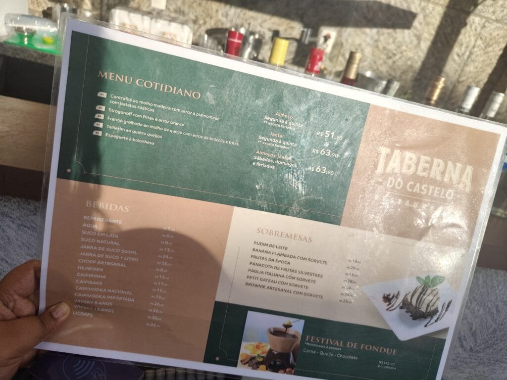 Cardápio da Taberna do Castelo restaurante no Castelo de Itaipava