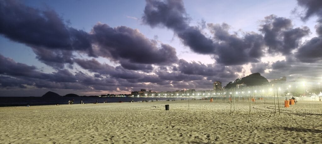 Copacabana beach lit up at night in Rio de Janeiro