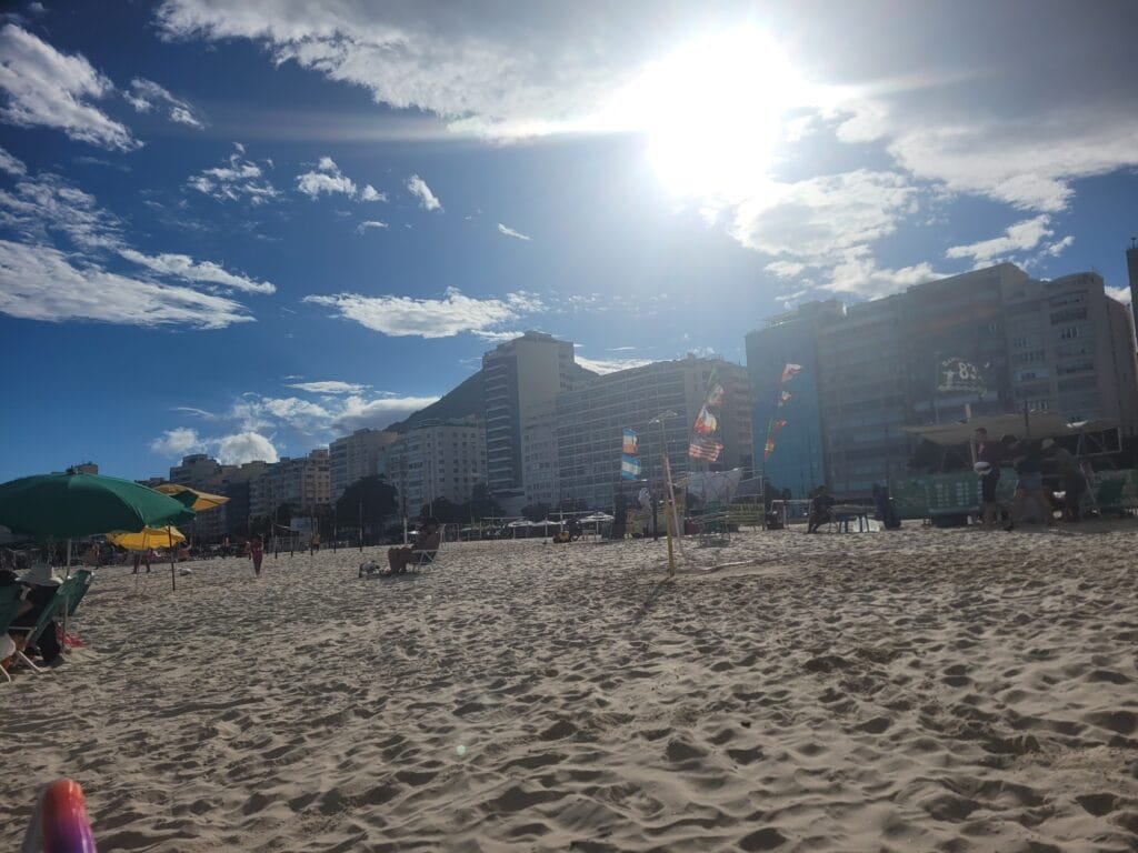 Copacabana waterfront buildings seen from the sand
