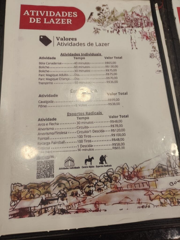 tabela de preços das atividades no Village Le Canton