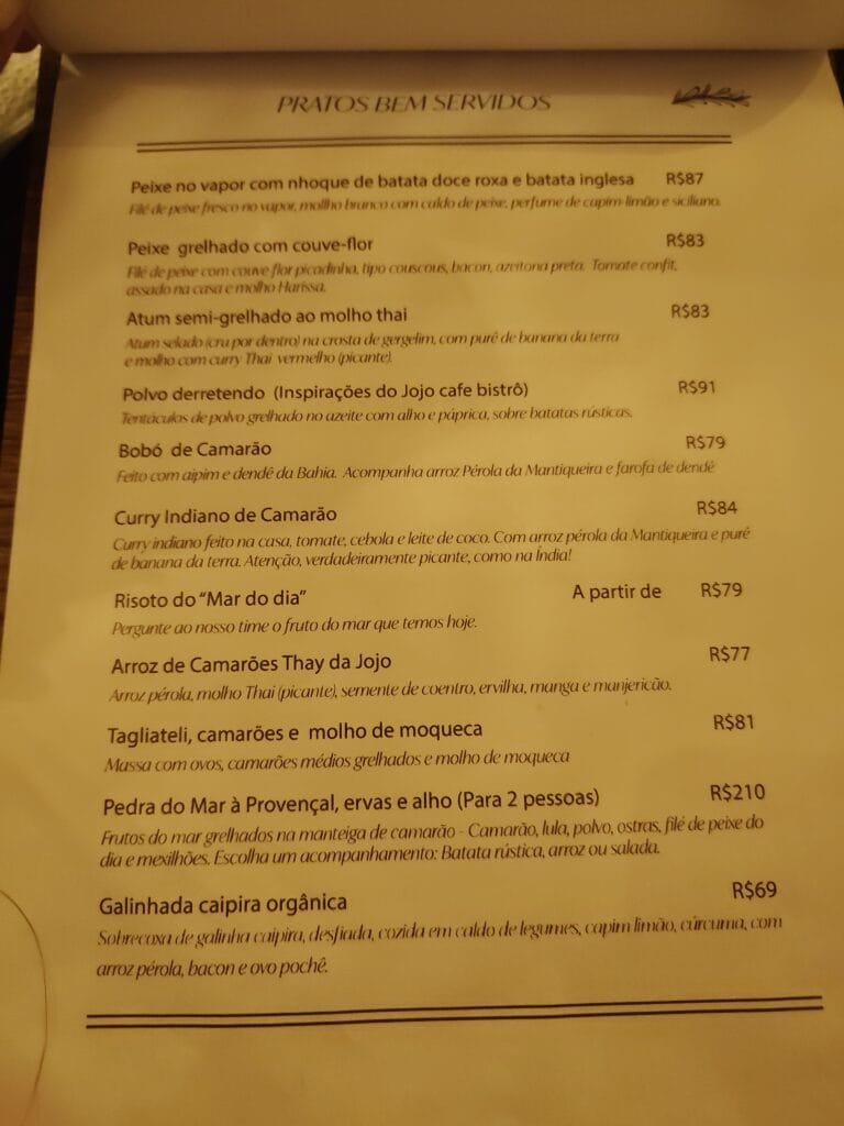 cardápio de pratos principais do Proa Cozinha Bar com polvo bobó de camarão e curry