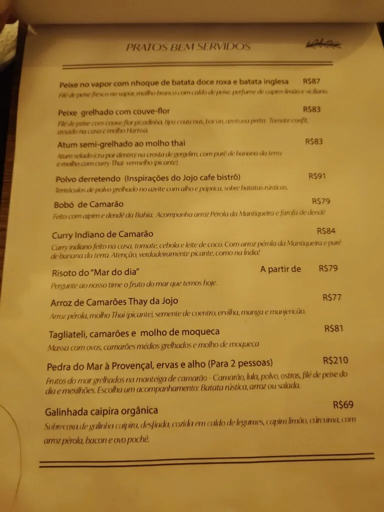 Proa Cozinha Bar main course menu with octopus, shrimp bobó and curry