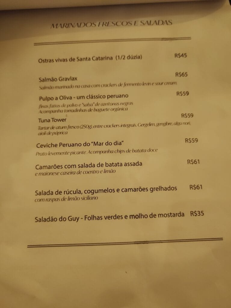 cardápio de entradas do Proa Cozinha Bar com ostras ceviche e saladas