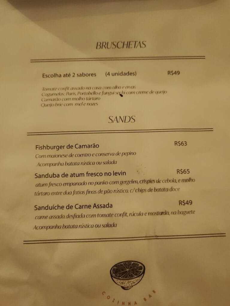 cardápio de sanduíches do Proa Cozinha Bar na Gávea