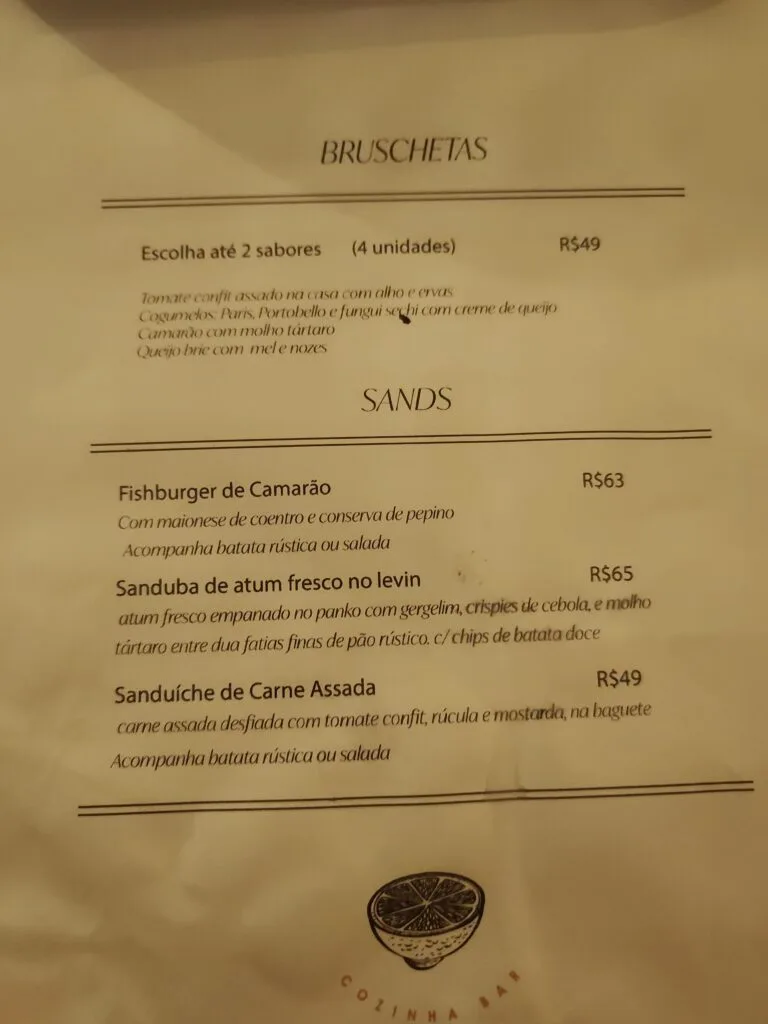 Proa Cozinha Bar sandwich menu in Baixo Gávea