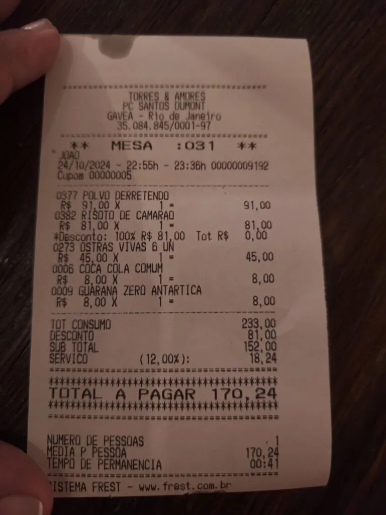Invoice for the Proa Cozinha Bar restaurant bill in Baixo Gávea