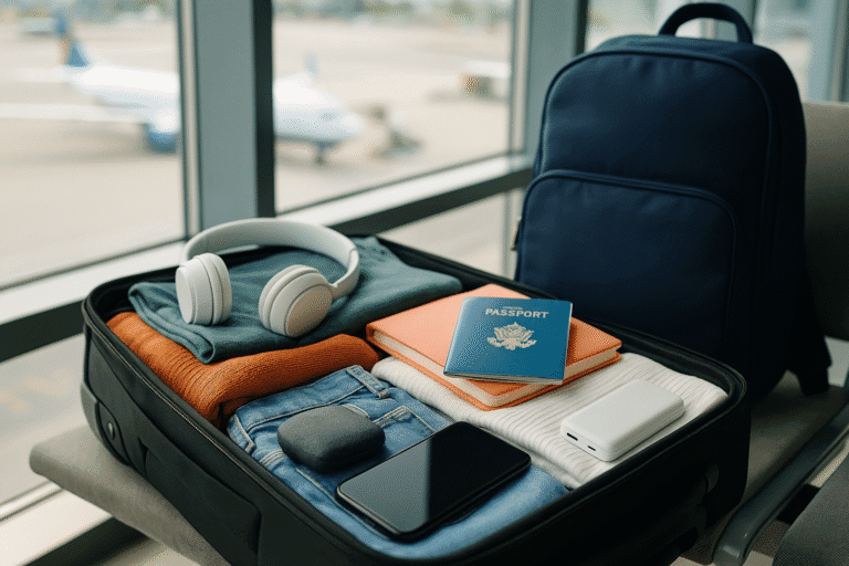 Mala de mão organizada sobre assento de aeroporto, com roupas dobradas, eletrônicos, passaporte e mochila ao fundo