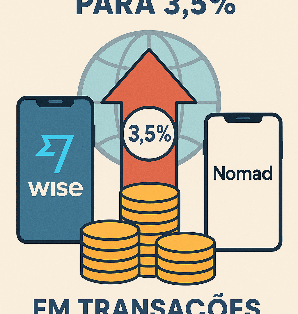Infográfico representando o aumento do IOF em transações internacionais com plataformas digitais como Wise e Nomad