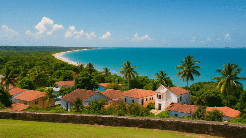 Vista a&eacute;rea de Porto Seguro com praias paradis&iacute;acas e centro hist&oacute;rico