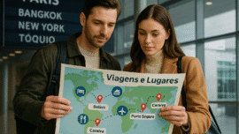 Casal observando um mapa com destinos famosos e ícones de viagem em um aeroporto, representando os custos para viajar pelas principais cidades do mundo.