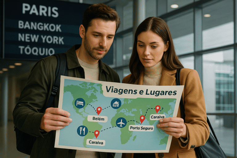 Casal observando um mapa com destinos famosos e ícones de viagem em um aeroporto, representando os custos para viajar pelas principais cidades do mundo.