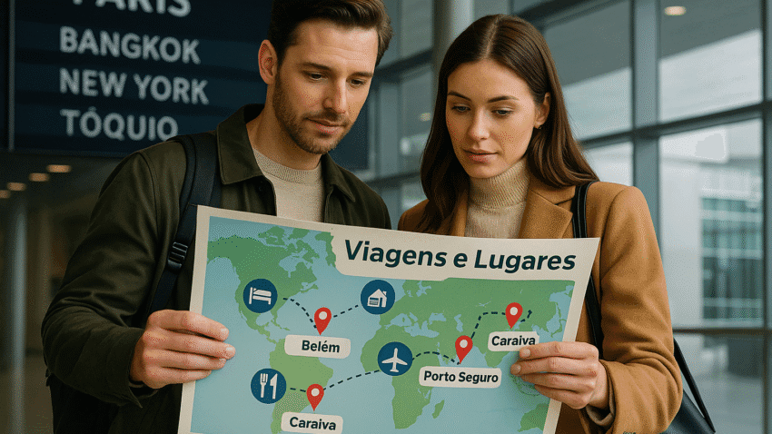 Casal observando um mapa com destinos famosos e ícones de viagem em um aeroporto, representando os custos para viajar pelas principais cidades do mundo.