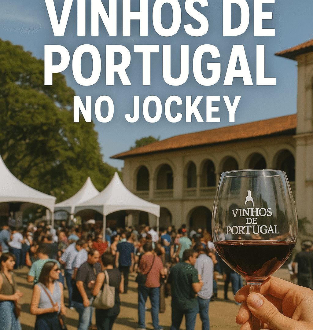 Taça de vinho e ao fundo o evento vinhos de Portugal no Jockey Rio de janeiro