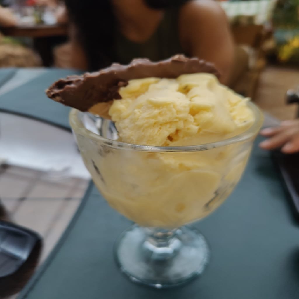 Taça de sorvete artesanal servido no Jardim Secreto com pedaço de chocolate