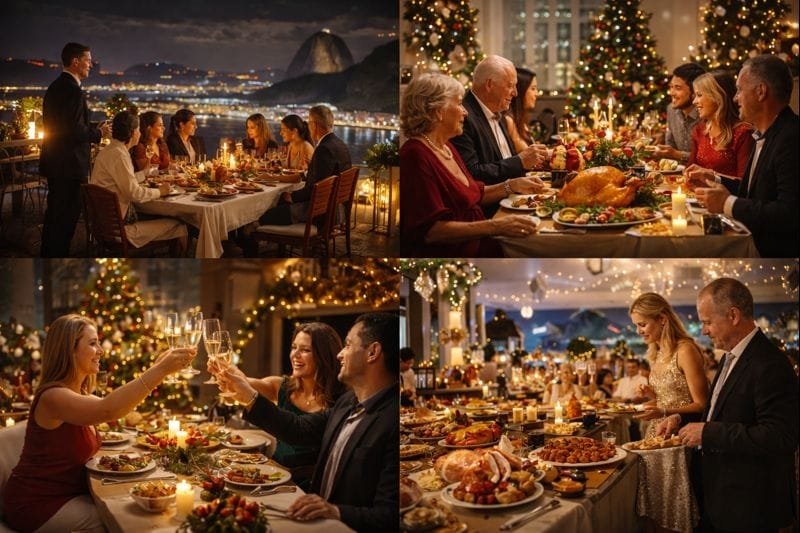 Ceias de Natal no Rio de Janeiro 2025 — buffet natalino com peru, bacalhau e sobremesas típicas em salão de hotel no Rio de Janeiro.