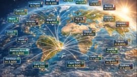 Mapa 3D realista do mundo destacando as 50 principais cidades turísticas de 2026, com rotas aéreas, ícones de avião e valores médios de viagem em reais, representando os custos globais de turismo de forma moderna e inspiradora.