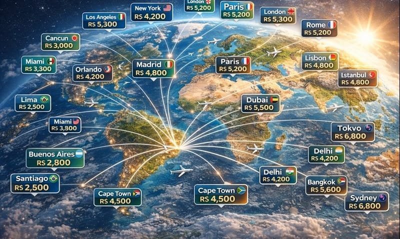 Mapa 3D realista do mundo destacando as 50 principais cidades turísticas de 2026, com rotas aéreas, ícones de avião e valores médios de viagem em reais, representando os custos globais de turismo de forma moderna e inspiradora.