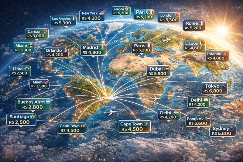 Mapa 3D realista do mundo destacando as 50 principais cidades turísticas de 2026, com rotas aéreas, ícones de avião e valores médios de viagem em reais, representando os custos globais de turismo de forma moderna e inspiradora.