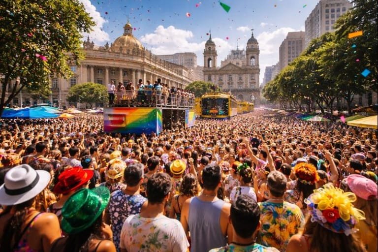 Multidão de foliões no Centro do Rio durante os megablocos do Carnaval 2026.