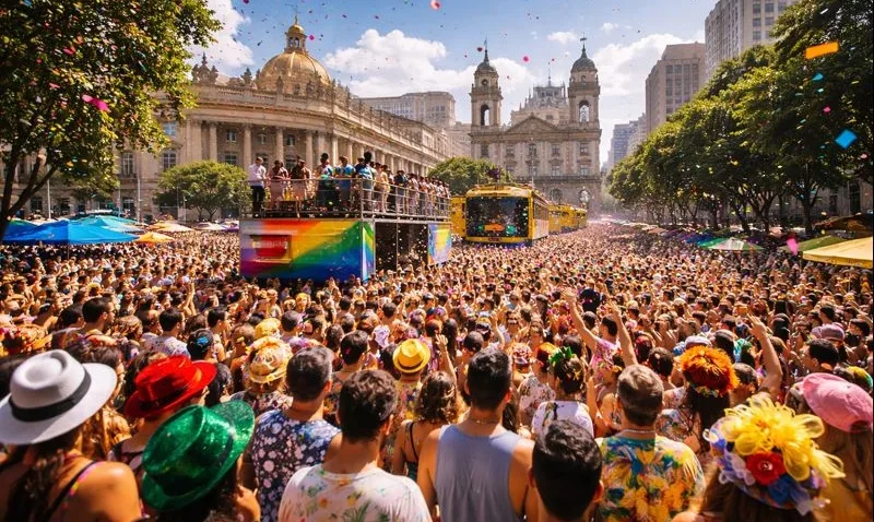 Multidão de foliões no Centro do Rio durante os megablocos do Carnaval 2026.