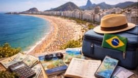 Travel planning scene overlooking Copacabana Beach in Rio de Janeiro with suitcase, money, maps, and calculator, illustrating how much does a trip to Rio de Janeiro cost for American travelers in 2026