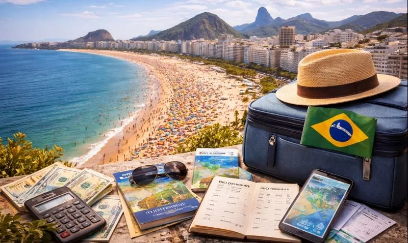 Travel planning scene overlooking Copacabana Beach in Rio de Janeiro with suitcase, money, maps, and calculator, illustrating how much does a trip to Rio de Janeiro cost for American travelers in 2026