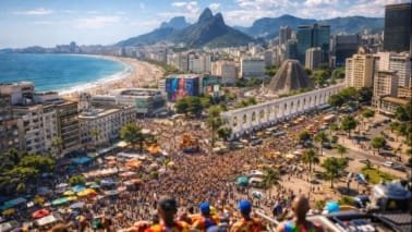 Vista aérea realista do Rio de Janeiro no verão de 2026, mostrando pessoas curtindo samba, feiras de rua e passeios gratuitos no Rio
