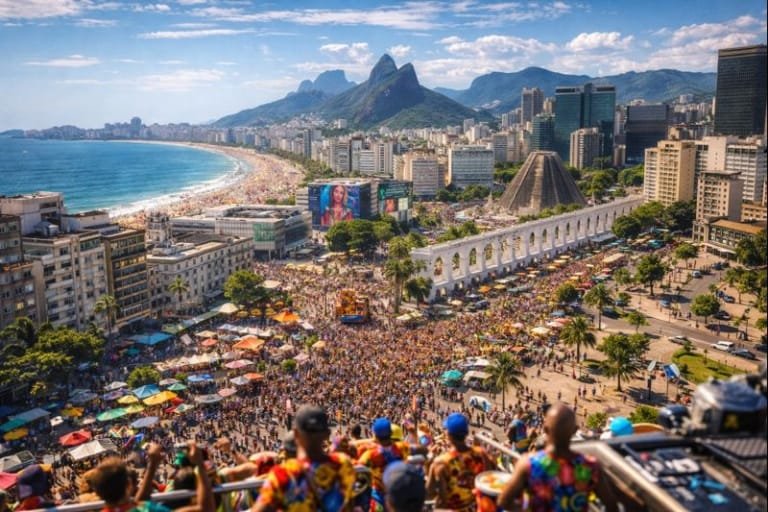 Passeios gratuitos no Rio (16 a 18 de janeiro de 2026): samba, blocos, arte e cultura pra curtir sem gastar nada 16 Vista aérea realista do Rio de Janeiro no verão de 2026, mostrando pessoas curtindo samba, feiras de rua e passeios gratuitos no Rio