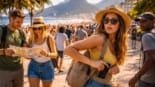 Turistas caminhando por área movimentada do Rio de Janeiro com celular e mochila, destacando cuidados ao viajar pela cidade