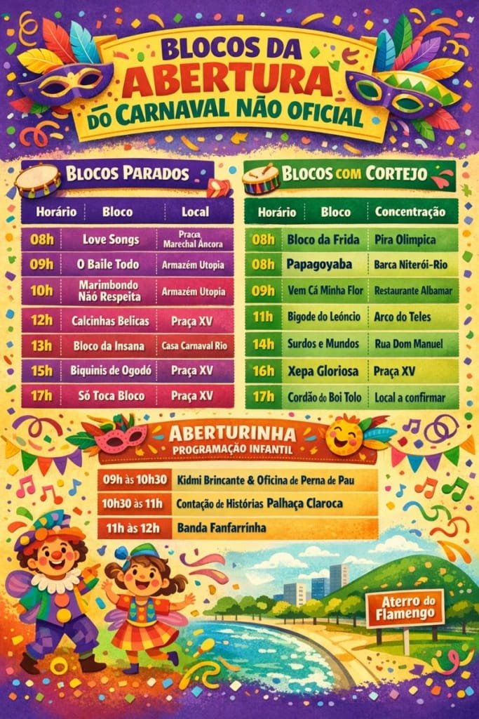 Tabela com horários e locais dos blocos da abertura do carnaval não oficial no Rio de Janeiro, incluindo Centro e Flamengo
