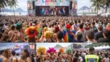 Arena do Carnaval Fan Fest 2026 montada na Praia de Copacabana, com palco, público e clima de pré-carnaval no Rio de Janeiro