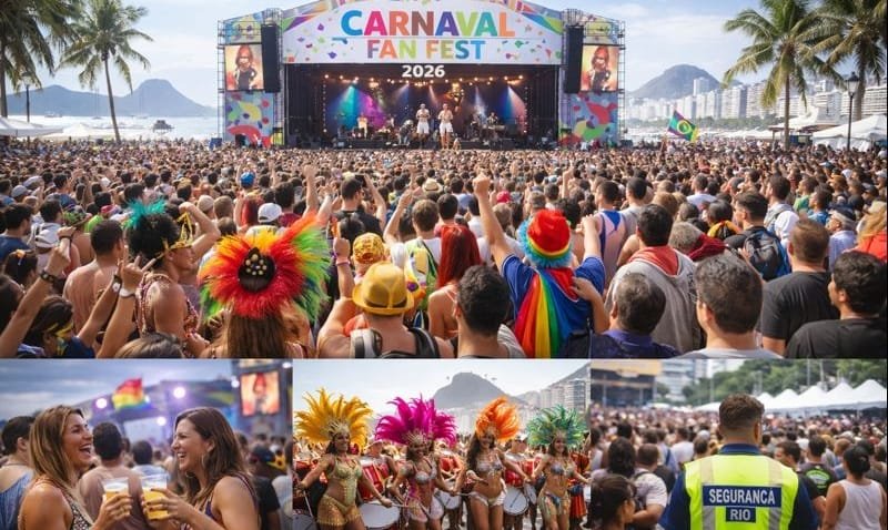 Arena do Carnaval Fan Fest 2026 montada na Praia de Copacabana, com palco, p&uacute;blico e clima de pr&eacute;-carnaval no Rio de Janeiro