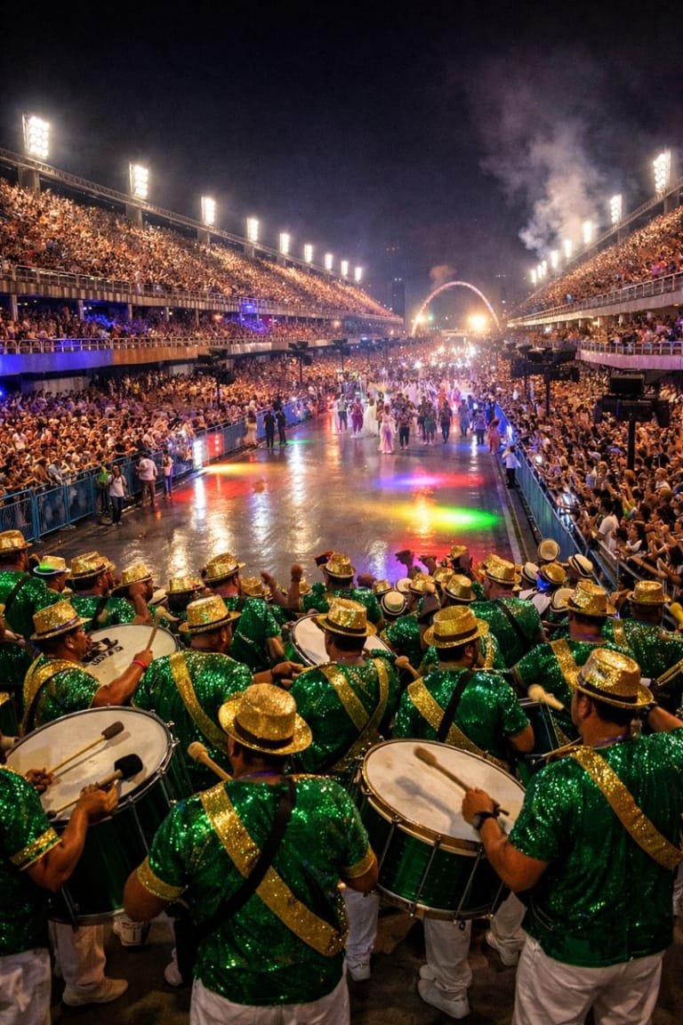 Ensaios técnicos do Carnaval 2026 na Sapucaí com escolas de samba desfilando sob luzes coloridas e público vibrando no Rio de Janeiro.