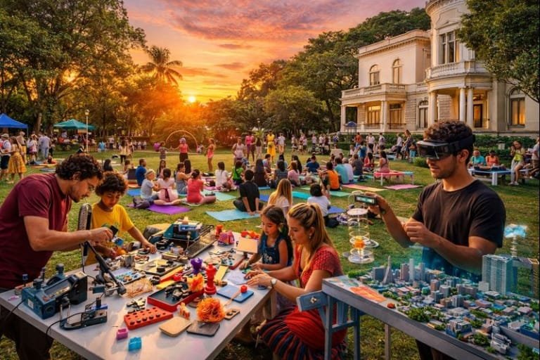 Verão na Casa Firjan 2026 com público participando de oficinas e performances ao ar livre no jardim da Casa Firjan em Botafogo, Rio de Janeiro.