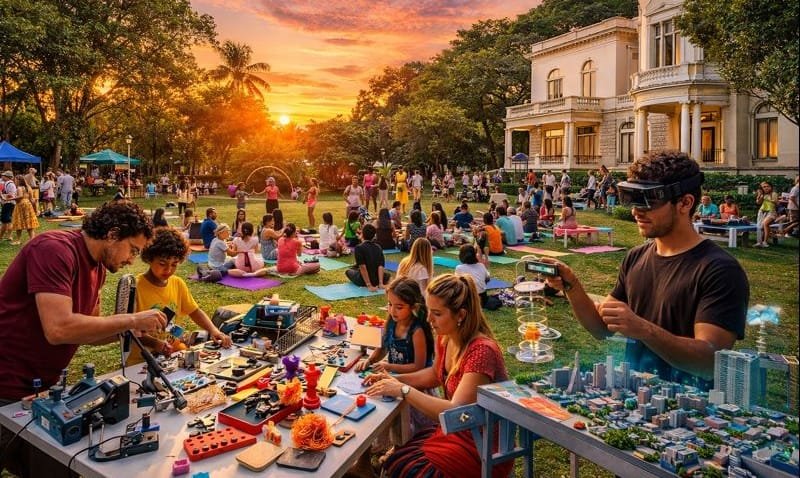 Verão na Casa Firjan 2026 com público participando de oficinas e performances ao ar livre no jardim da Casa Firjan em Botafogo, Rio de Janeiro.