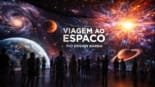 Exposição imersiva Viagem ao Espaço no Rio Design Barra, com projeções em 360 graus de planetas, galáxias e o Big Bang, combinando ciência, tecnologia e arte no Rio de Janeiro.