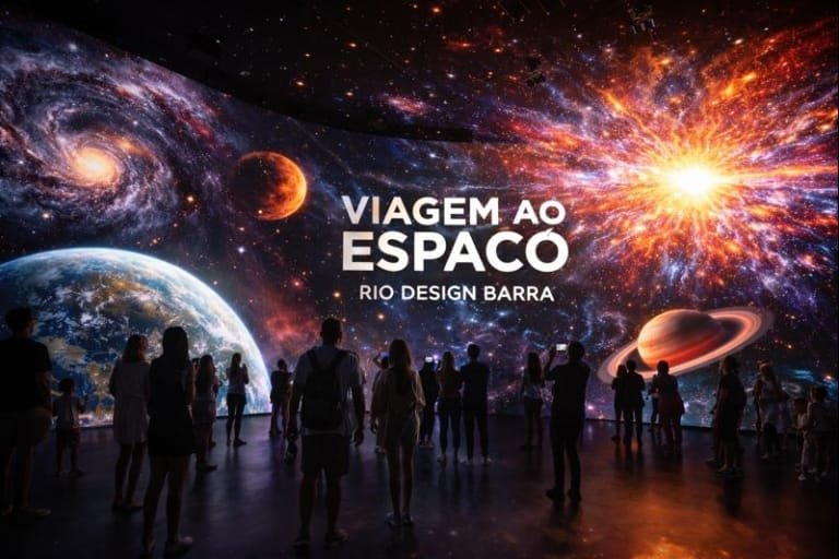 Exposição imersiva Viagem ao Espaço no Rio Design Barra, com projeções em 360 graus de planetas, galáxias e o Big Bang, combinando ciência, tecnologia e arte no Rio de Janeiro.