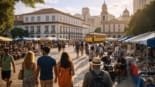 Praça XV no Centro do Rio de Janeiro durante feira de antiguidades e eventos culturais de verão, com visitantes e artistas de rua.