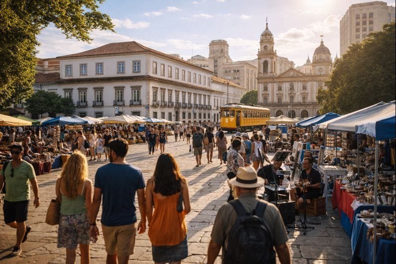 🌞 Agenda Carioca: o que fazer no Rio neste fim de semana (9 a 11 de janeiro de 2026) 1 Praça XV no Centro do Rio de Janeiro durante feira de antiguidades e eventos culturais de verão, com visitantes e artistas de rua.