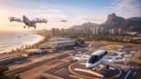 Vista aérea futurista do Aeroporto de Jacarepaguá, no Rio de Janeiro, com vertiportos e carros voadores elétricos decolando sob céu azul e clima tropical.