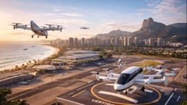 Vista aérea futurista do Aeroporto de Jacarepaguá, no Rio de Janeiro, com vertiportos e carros voadores elétricos decolando sob céu azul e clima tropical.