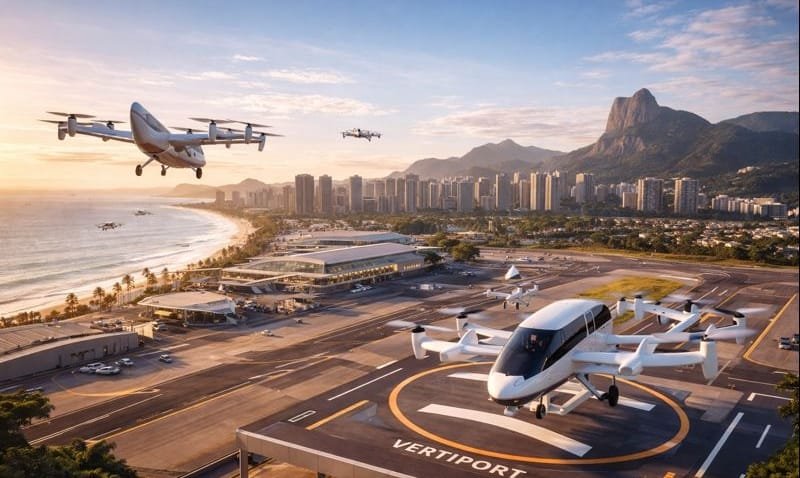 Vista aérea futurista do Aeroporto de Jacarepaguá, no Rio de Janeiro, com vertiportos e carros voadores elétricos decolando sob céu azul e clima tropical.