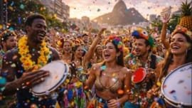 Revelers celebrating Rio Street Carnival 2026 with music, dancing, and colorful costumes in downtown Rio de Janeiro 2026 — alegria e cores no Centro