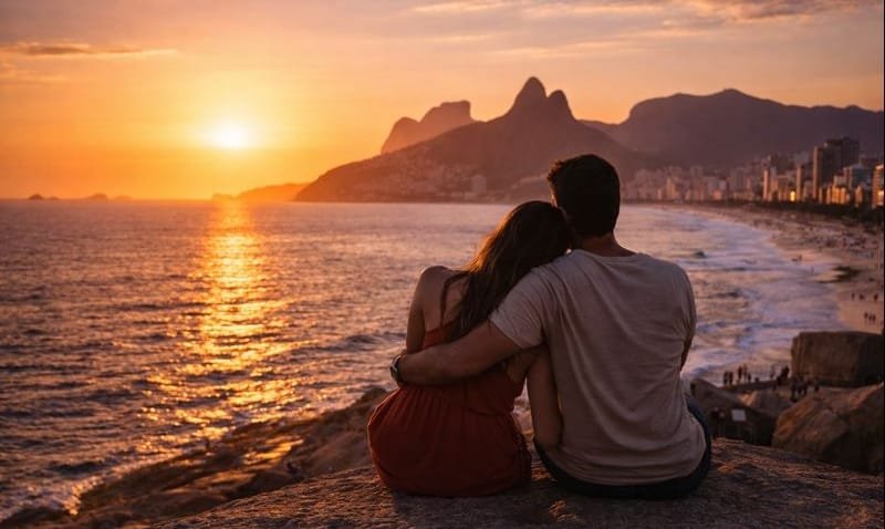 Casal curtindo passeios românticos no Rio de Janeiro ao pôr do sol