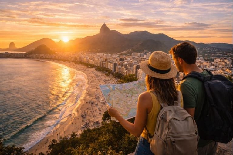 Vista do Rio de Janeiro com turistas planejando a viagem, representando os custos para viajar pela cidade