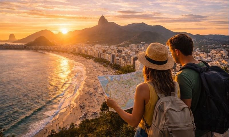Vista do Rio de Janeiro com turistas planejando a viagem, representando os custos para viajar pela cidade