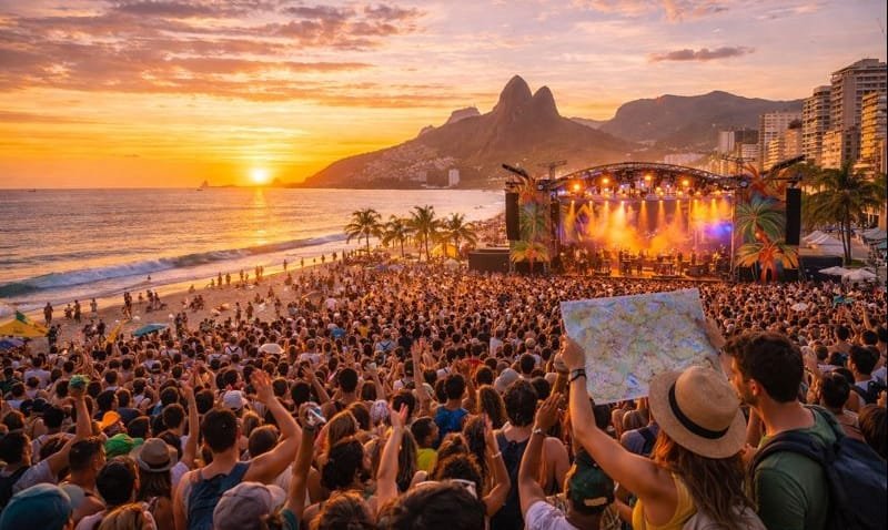 Rio Bossa Nossa 2026: festival gratuito de música e cultura em Ipanema 1 Público assistindo ao Rio Bossa Nossa 2026 na Praia de Ipanema com palco à beira do mar