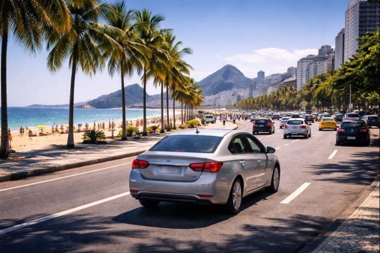 Carro de aplicativo circulando pelo Rio de Janeiro em área turística durante o dia