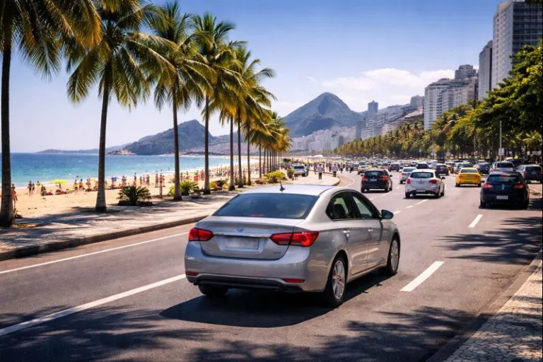 Uber no Rio de Janeiro: vale a pena? Preços, segurança e comparativo com táxi e metrô (2026) 4 Carro de aplicativo circulando pelo Rio de Janeiro em área turística durante o dia