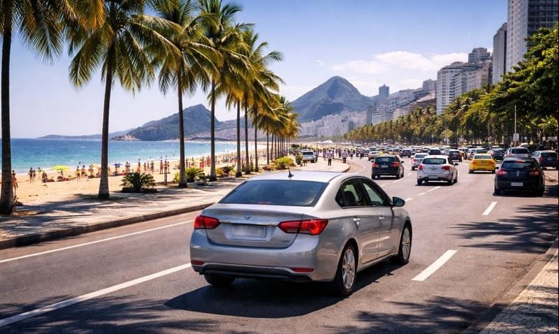 Carro de aplicativo circulando pelo Rio de Janeiro em área turística durante o dia